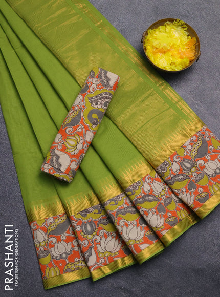 Mangalagiri cotton saree light green and orange with plain body and rettapet zari woven kalamkari border
