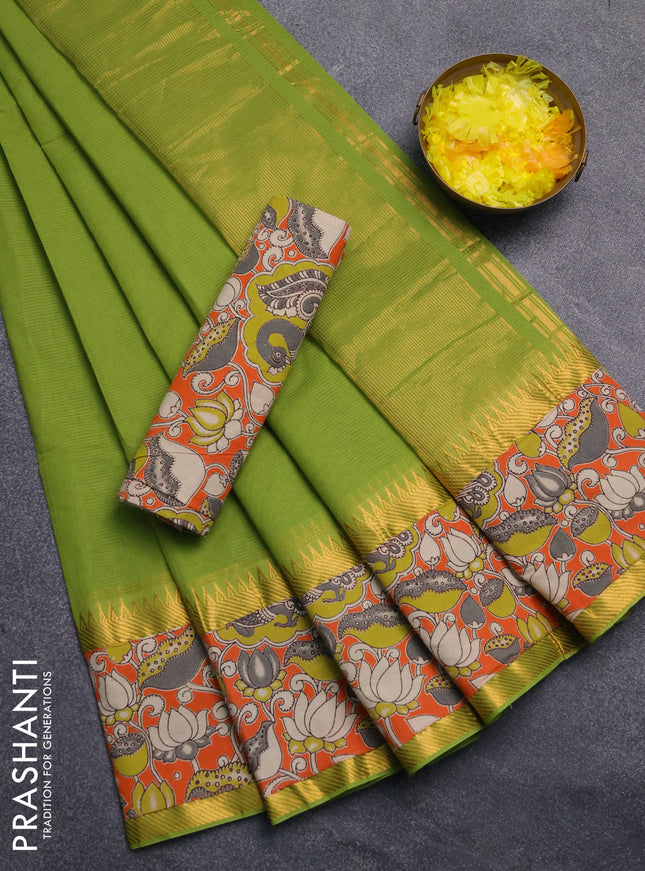 Mangalagiri cotton saree light green and orange with plain body and rettapet zari woven kalamkari border