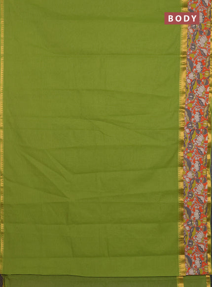 Mangalagiri cotton saree light green and orange with plain body and rettapet zari woven kalamkari border