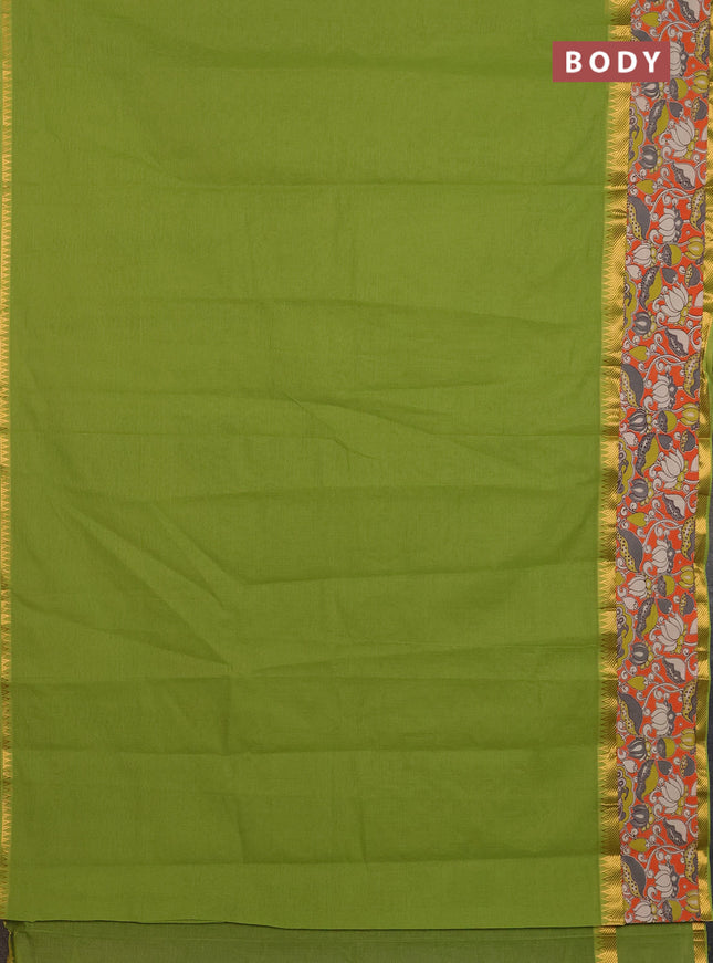 Mangalagiri cotton saree light green and orange with plain body and rettapet zari woven kalamkari border