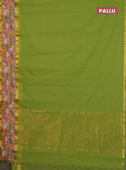 Mangalagiri cotton saree light green and orange with plain body and rettapet zari woven kalamkari border