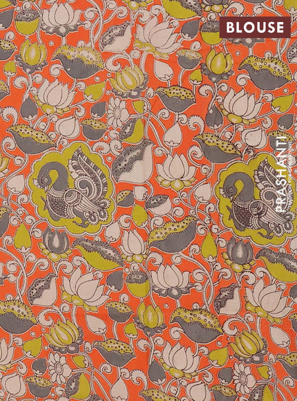 Mangalagiri cotton saree light green and orange with plain body and rettapet zari woven kalamkari border