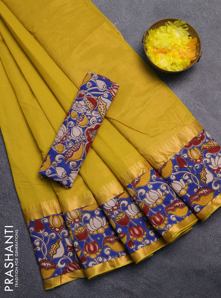 Mangalagiri cotton saree mustard green and blue with plain body and rettapet zari woven kalamkari border