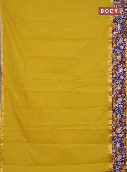 Mangalagiri cotton saree mustard green and blue with plain body and rettapet zari woven kalamkari border