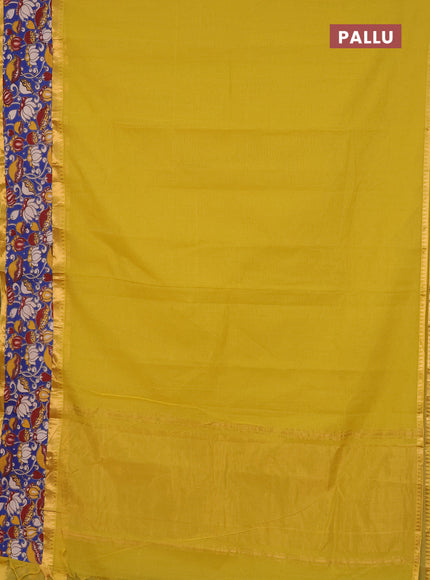 Mangalagiri cotton saree mustard green and blue with plain body and rettapet zari woven kalamkari border