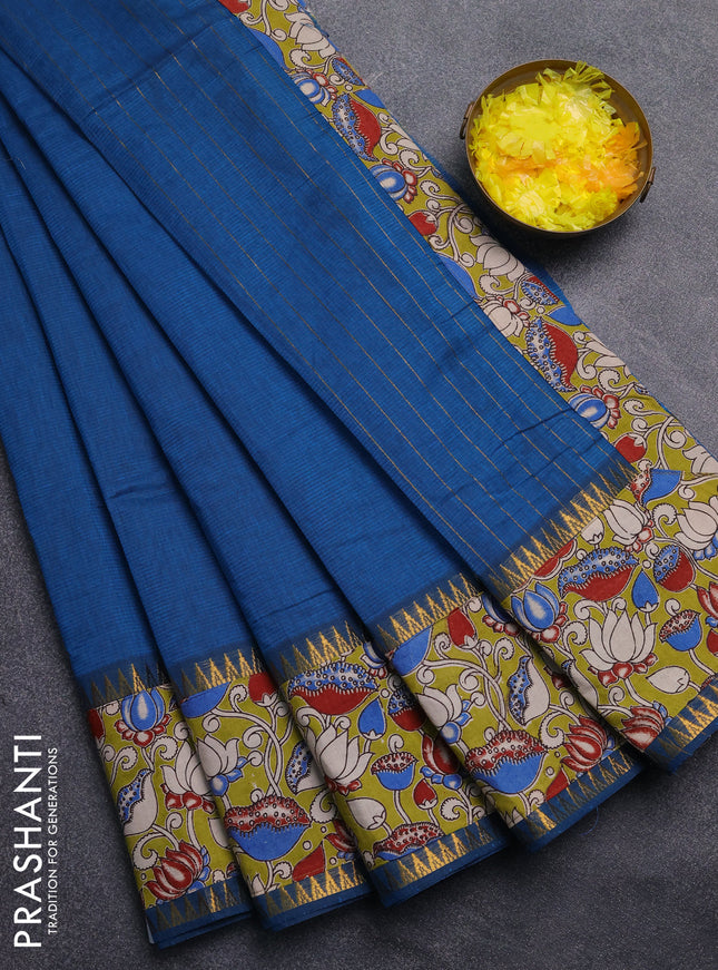 Mangalagiri cotton saree blue and light green with plain body and rettapet zari woven kalamkari border