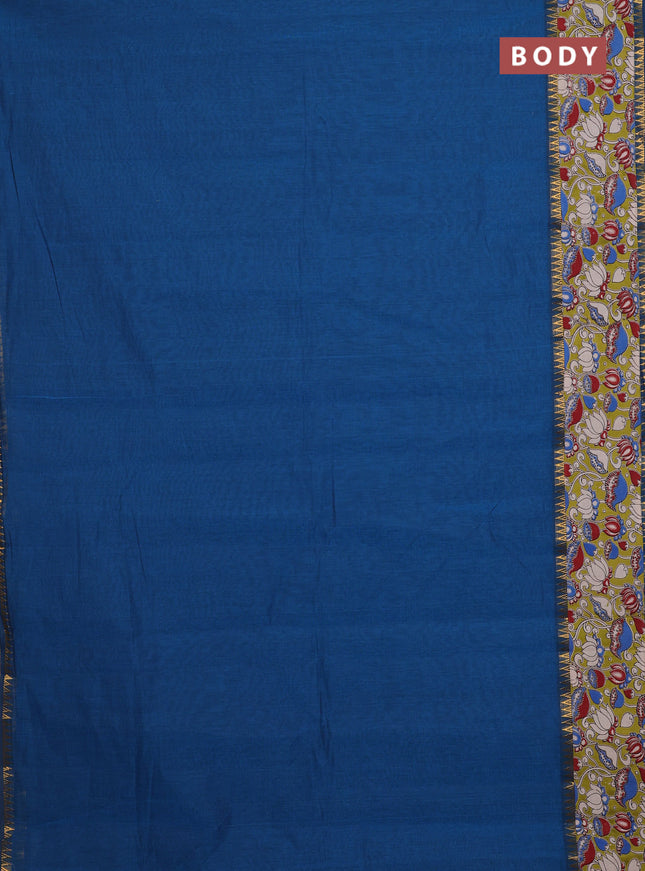Mangalagiri cotton saree blue and light green with plain body and rettapet zari woven kalamkari border