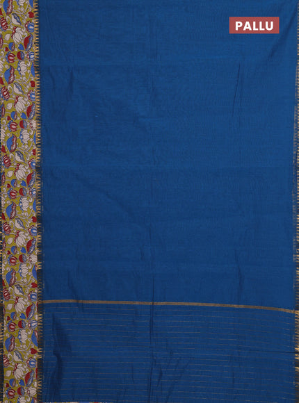 Mangalagiri cotton saree blue and light green with plain body and rettapet zari woven kalamkari border