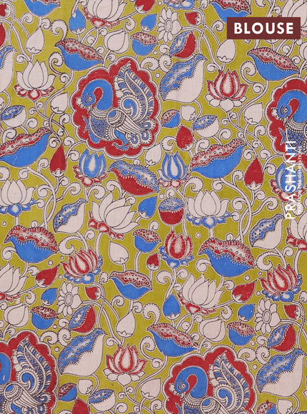 Mangalagiri cotton saree blue and light green with plain body and rettapet zari woven kalamkari border