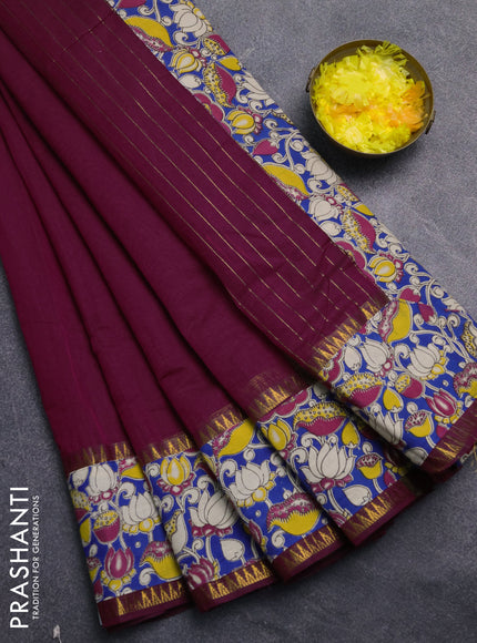 Mangalagiri cotton saree wine shade and blue with plain body and rettapet zari woven kalamkari border