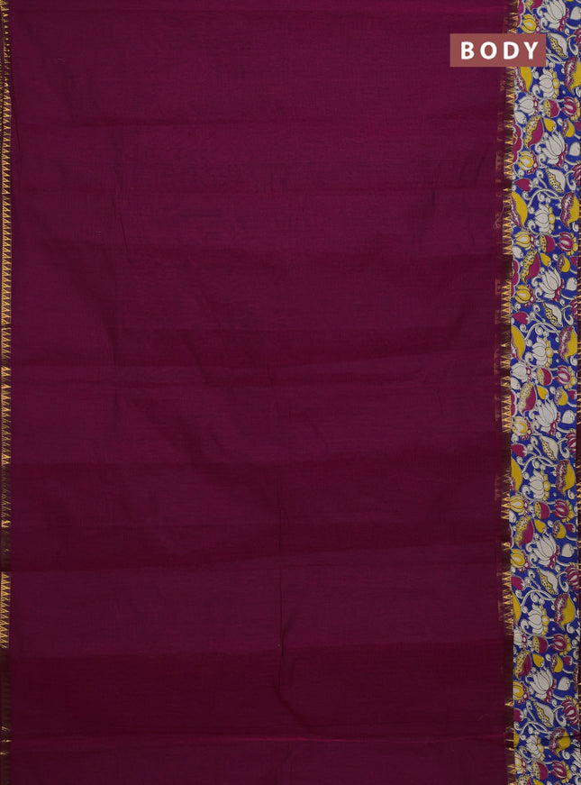 Mangalagiri cotton saree wine shade and blue with plain body and rettapet zari woven kalamkari border