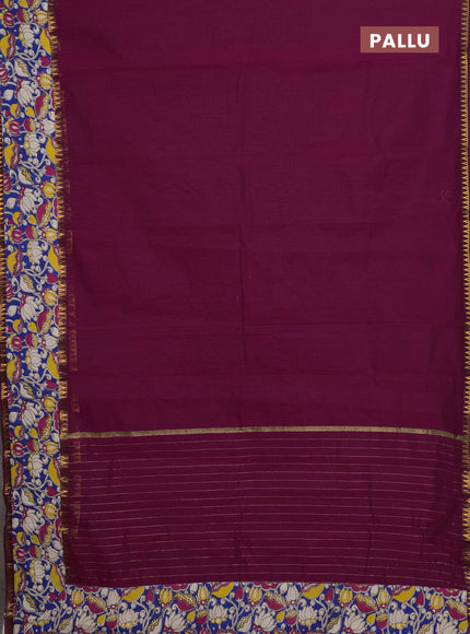 Mangalagiri cotton saree wine shade and blue with plain body and rettapet zari woven kalamkari border