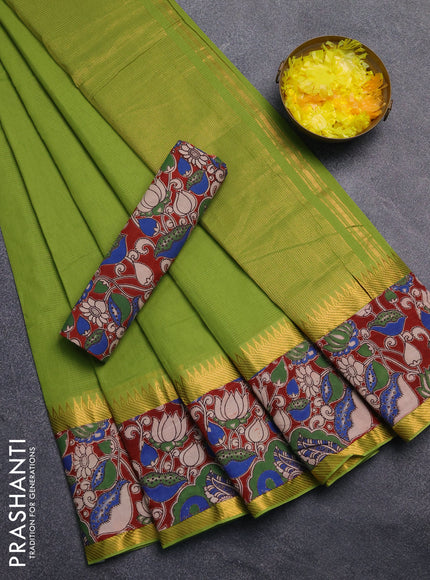 Mangalagiri cotton saree light green and maroon with plain body and rettapet zari woven kalamkari border