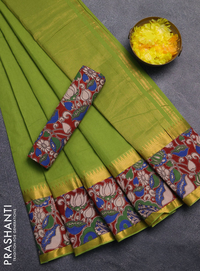 Mangalagiri cotton saree light green and maroon with plain body and rettapet zari woven kalamkari border