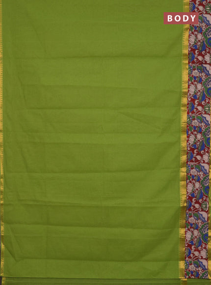 Mangalagiri cotton saree light green and maroon with plain body and rettapet zari woven kalamkari border