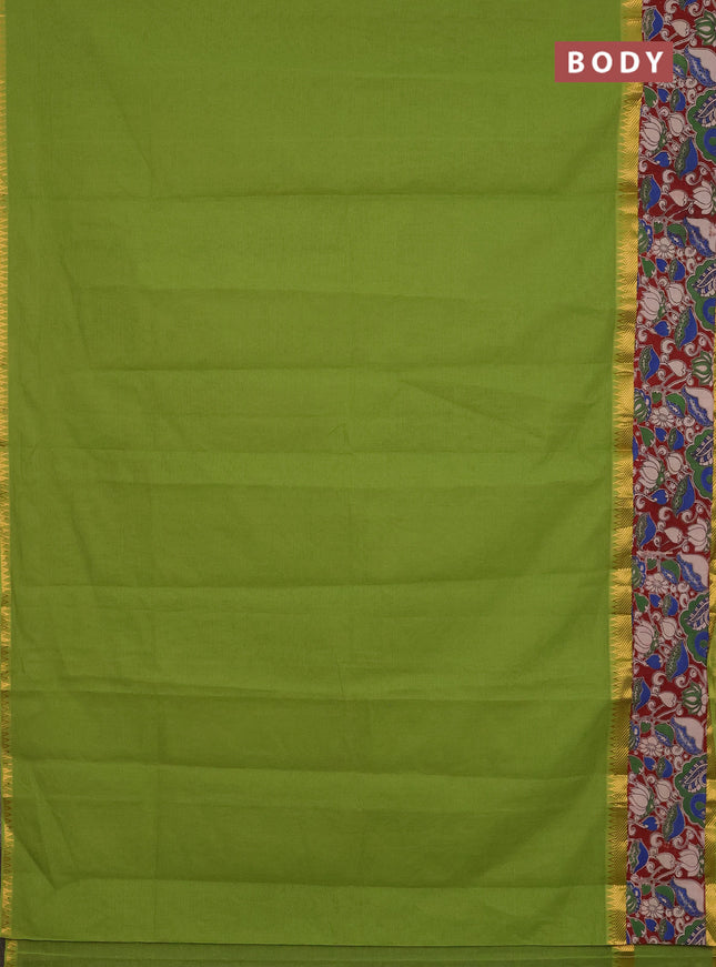 Mangalagiri cotton saree light green and maroon with plain body and rettapet zari woven kalamkari border
