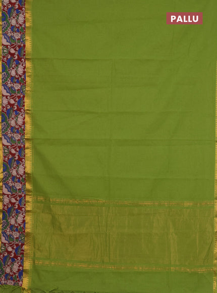 Mangalagiri cotton saree light green and maroon with plain body and rettapet zari woven kalamkari border