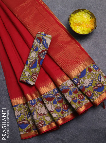 Mangalagiri cotton saree red and light green with plain body and rettapet zari woven kalamkari border