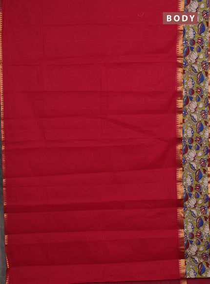 Mangalagiri cotton saree red and light green with plain body and rettapet zari woven kalamkari border