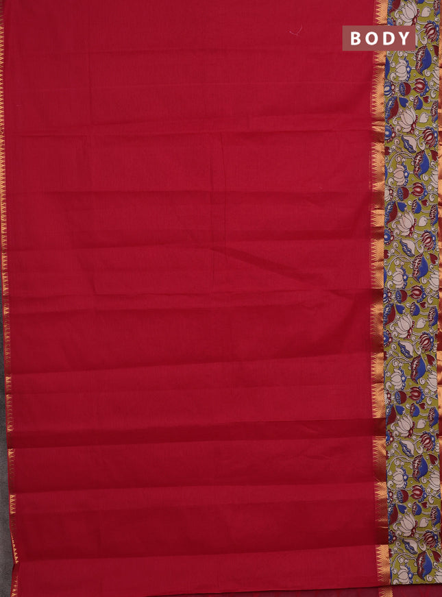 Mangalagiri cotton saree red and light green with plain body and rettapet zari woven kalamkari border