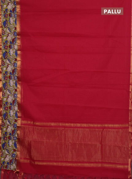 Mangalagiri cotton saree red and light green with plain body and rettapet zari woven kalamkari border