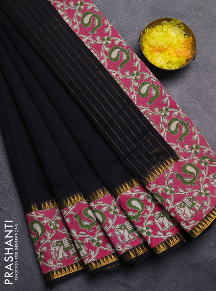 Mangalagiri cotton saree black and pink with plain body and rettapet zari woven kalamkari border