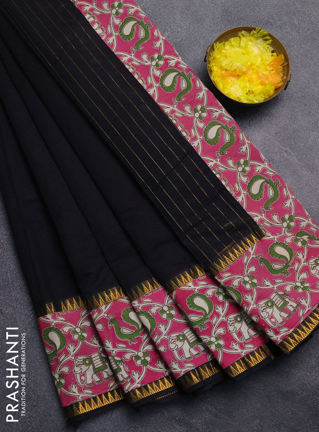 Mangalagiri cotton saree black and pink with plain body and rettapet zari woven kalamkari border