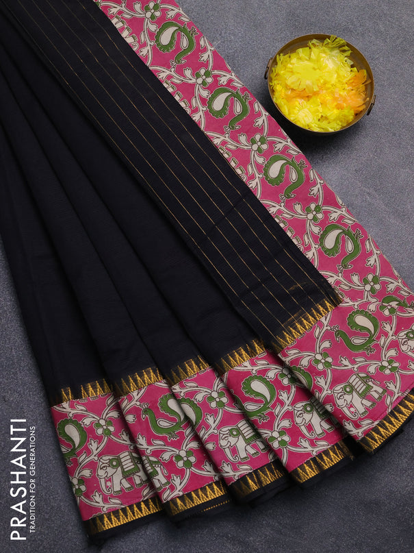 Mangalagiri cotton saree black and pink with plain body and rettapet zari woven kalamkari border