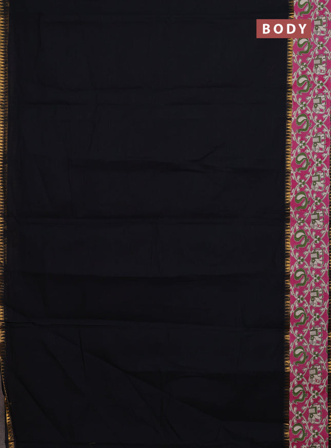Mangalagiri cotton saree black and pink with plain body and rettapet zari woven kalamkari border