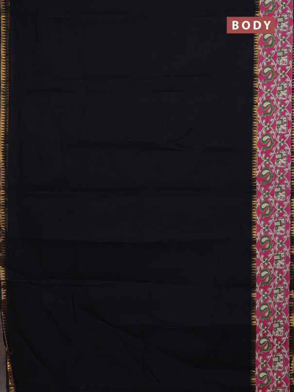 Mangalagiri cotton saree black and pink with plain body and rettapet zari woven kalamkari border