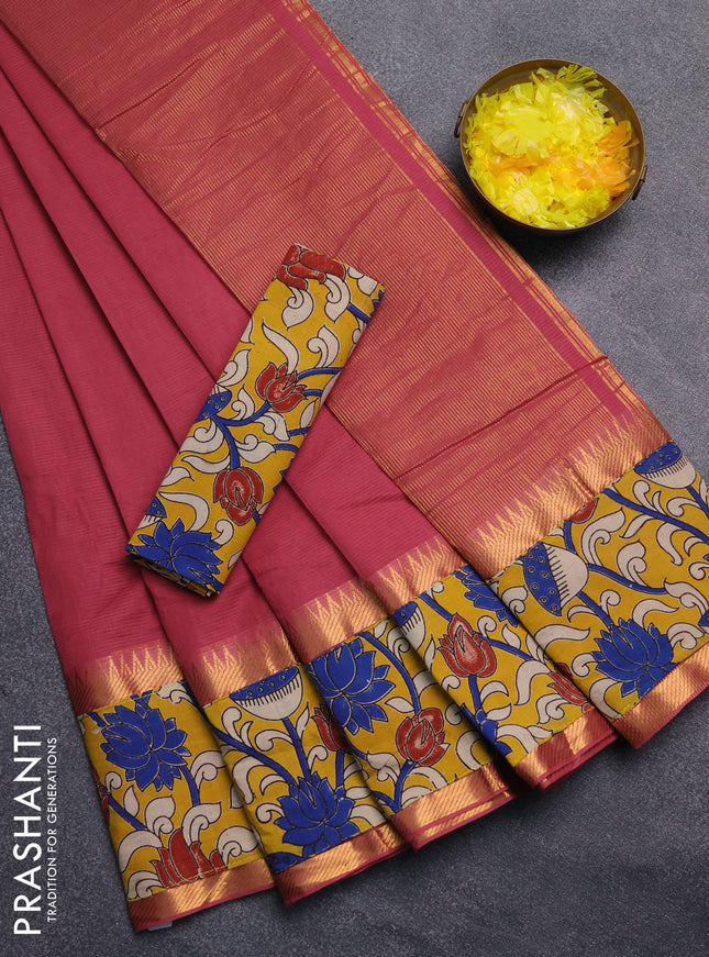Mangalagiri cotton saree dark peach and yellow with plain body and rettapet zari woven kalamkari border