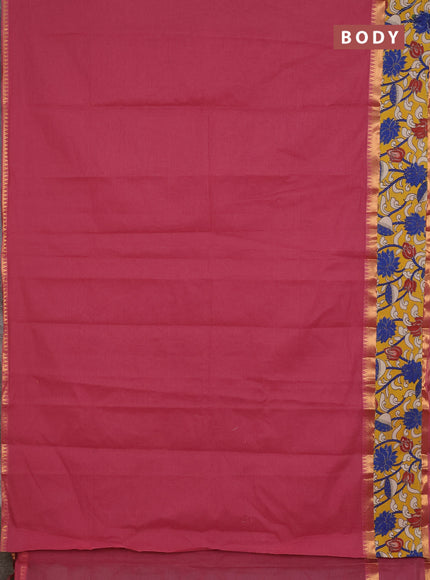 Mangalagiri cotton saree dark peach and yellow with plain body and rettapet zari woven kalamkari border