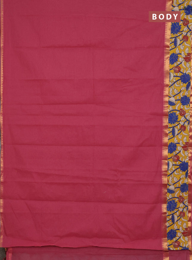 Mangalagiri cotton saree dark peach and yellow with plain body and rettapet zari woven kalamkari border