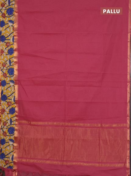 Mangalagiri cotton saree dark peach and yellow with plain body and rettapet zari woven kalamkari border