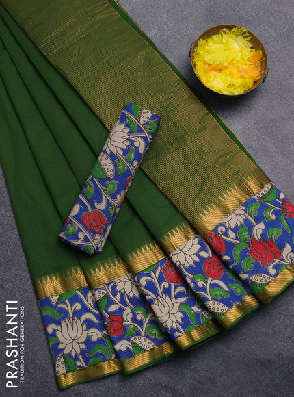 Mangalagiri cotton saree sap green and blue with plain body and rettapet zari woven kalamkari border