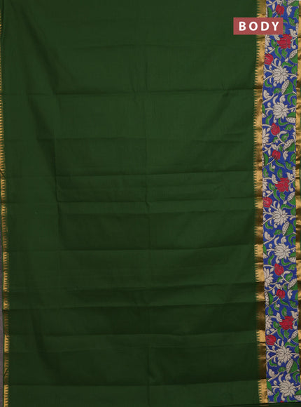 Mangalagiri cotton saree sap green and blue with plain body and rettapet zari woven kalamkari border