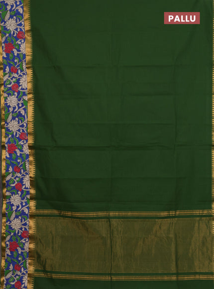 Mangalagiri cotton saree sap green and blue with plain body and rettapet zari woven kalamkari border