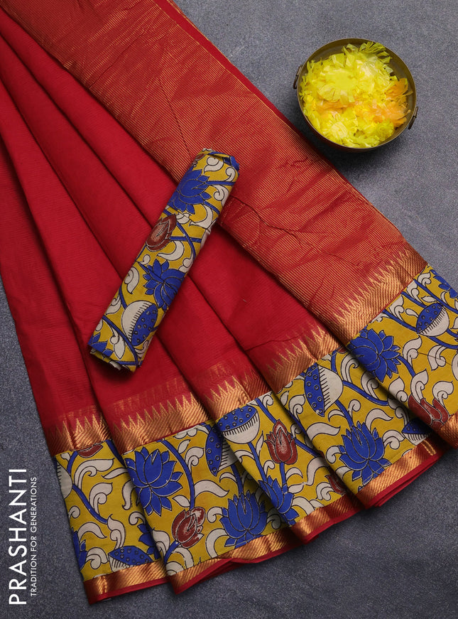 Mangalagiri cotton saree red and yellow with plain body and rettapet zari woven kalamkari border
