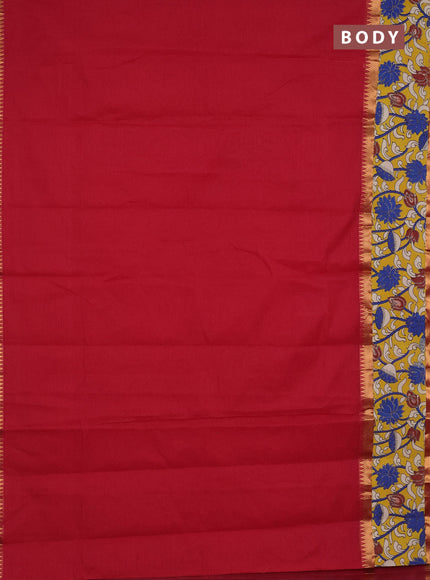 Mangalagiri cotton saree red and yellow with plain body and rettapet zari woven kalamkari border