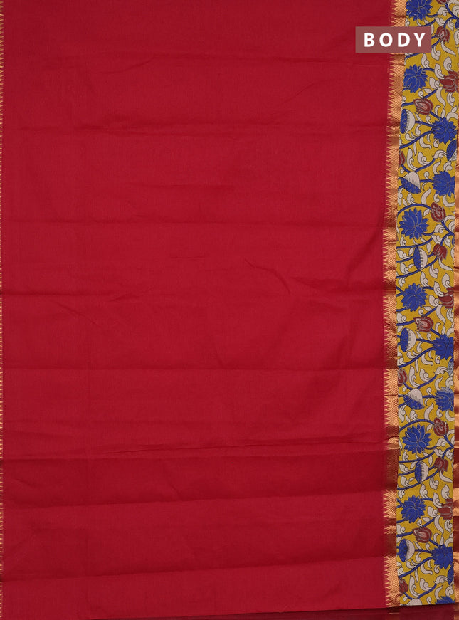 Mangalagiri cotton saree red and yellow with plain body and rettapet zari woven kalamkari border