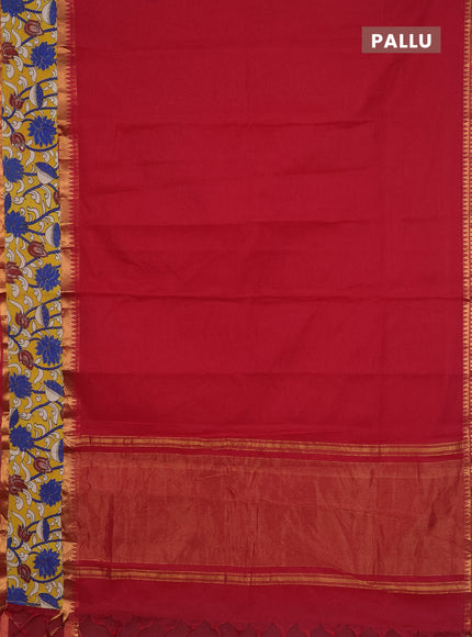 Mangalagiri cotton saree red and yellow with plain body and rettapet zari woven kalamkari border
