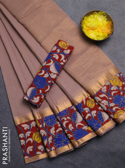 Mangalagiri cotton saree beige and maroon with plain body and rettapet zari woven kalamkari border