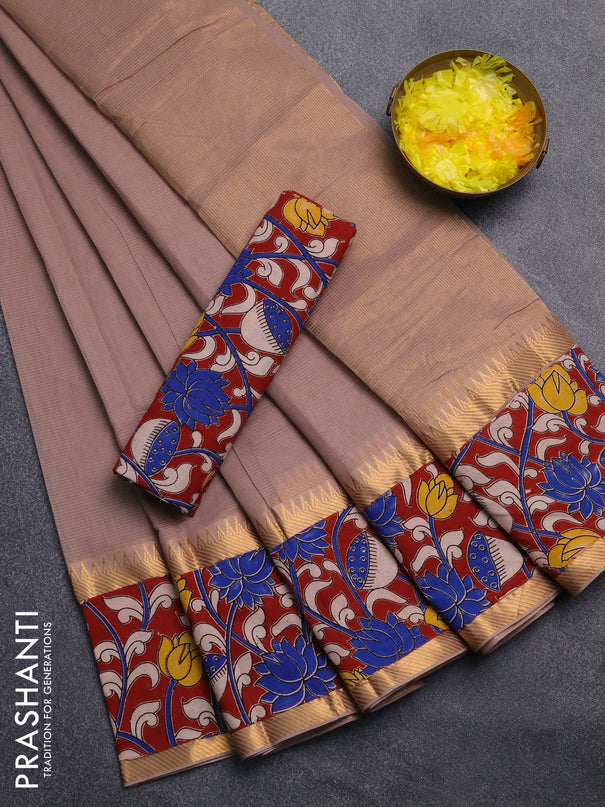 Mangalagiri cotton saree beige and maroon with plain body and rettapet zari woven kalamkari border