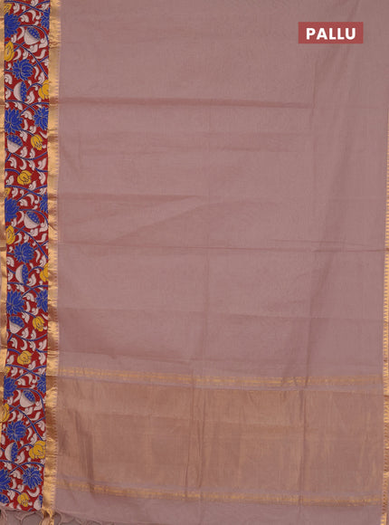Mangalagiri cotton saree beige and maroon with plain body and rettapet zari woven kalamkari border