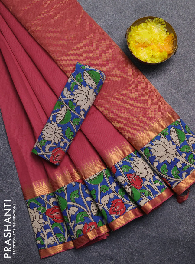 Mangalagiri cotton saree dark peach and blue with plain body and rettapet zari woven kalamkari border