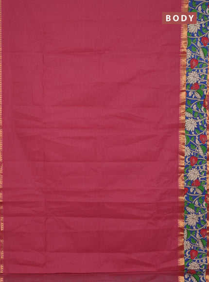 Mangalagiri cotton saree dark peach and blue with plain body and rettapet zari woven kalamkari border