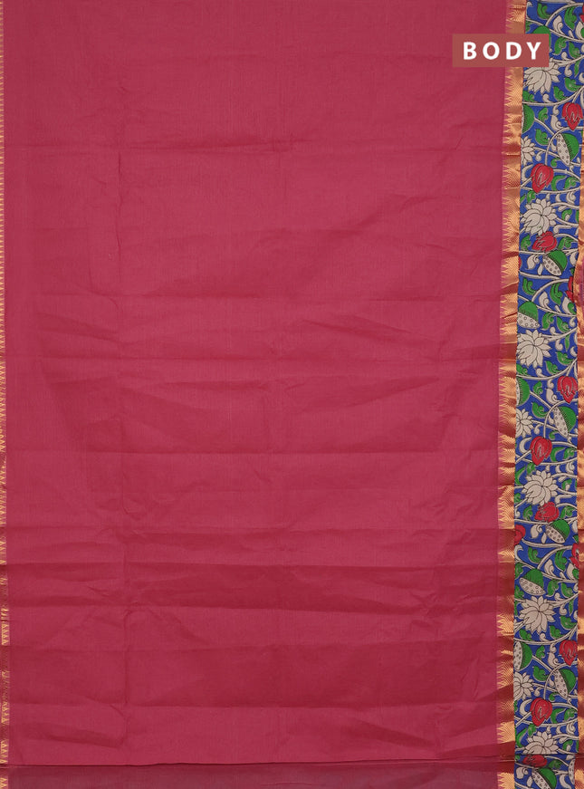 Mangalagiri cotton saree dark peach and blue with plain body and rettapet zari woven kalamkari border