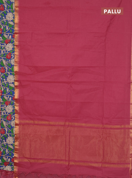 Mangalagiri cotton saree dark peach and blue with plain body and rettapet zari woven kalamkari border