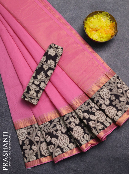 Mangalagiri cotton saree light pink and black with plain body and rettapet zari woven kalamkari border