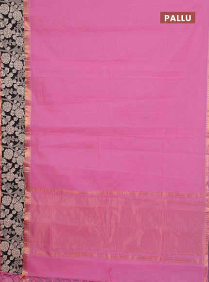 Mangalagiri cotton saree light pink and black with plain body and rettapet zari woven kalamkari border